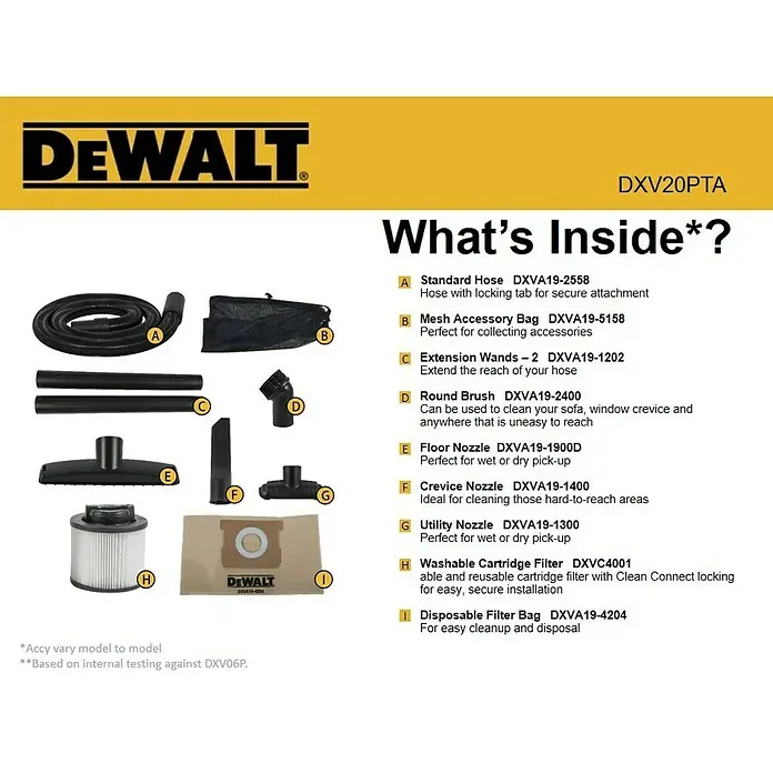DeWalt Elektro-Nass- & Trockensauger DXV20PTA - 1.050 W, Behältervolumen: 20 l - DEWALT DXV20PTA Staubsauger-Zubehörset mit Schlauch, Düsen, Verlängerungsrohren, Filter und Zubehörbeutel für eine vielseitige Reinigung.