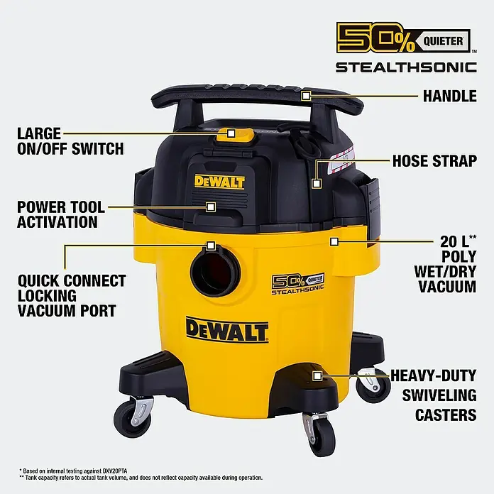DeWalt Elektro-Nass- & Trockensauger DXV20PTA-QT - 750 W, Behältervolumen: 20 l, Filterreinigung: Vollautomatisch - Abbildung eines gelb-schwarzen Dewalt 20 L Poly Nass-/Trockensaugers mit großem Ein-/Ausschalter und schwenkbaren Schwerlastrollen.
