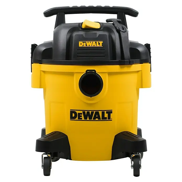 DeWalt Elektro-Nass- & Trockensauger DXV20P - 1.050 W, Behältervolumen: 20 l, Vollautomatisch - Abbildung eines gelben und schwarzen DeWALT Nass- und Trockensaugers mit Rädern und Griff.