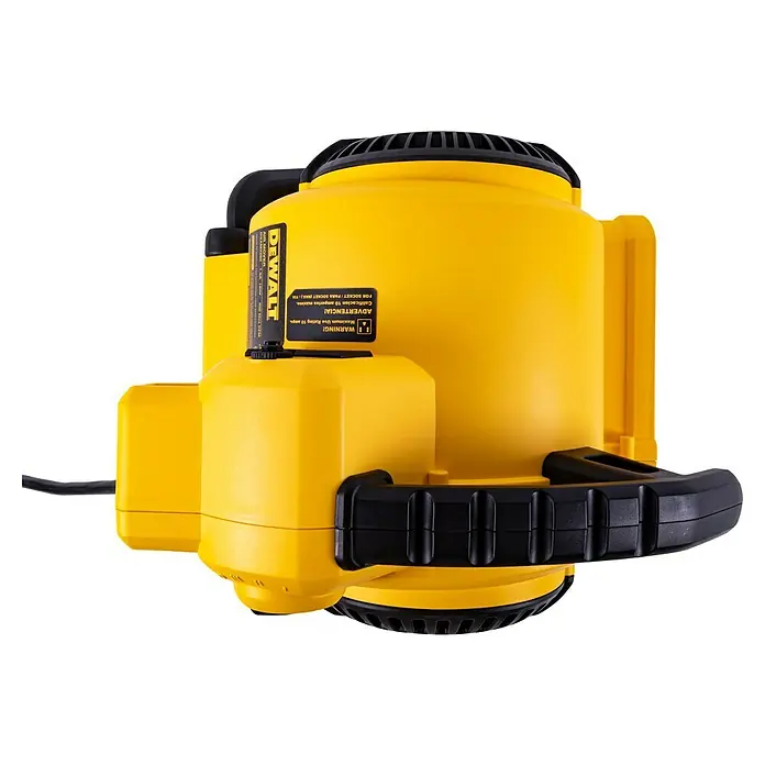DeWalt Lüfter DXAM2250 - 130 W, Max. Luftleistung: 236 l/s - Gelber DeWalt Luftentfeuchter für den Baubereich mit schwarzem Tragegriff und Warnhinweisen, ideal für den professionellen Einsatz.