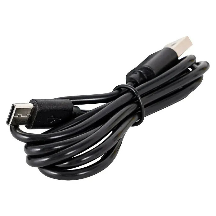 DeWalt Akku-Luftpumpe SXIF0101 - 11,1 V, 10 bar, Füllleistung: 14,2 l/min - Hier ist ein zusammengerolltes, schwarzes USB-Kabel vom Typ A auf USB-C, das für die Datenübertragung und das Aufladen elektronischer Geräte verwendet wird.
