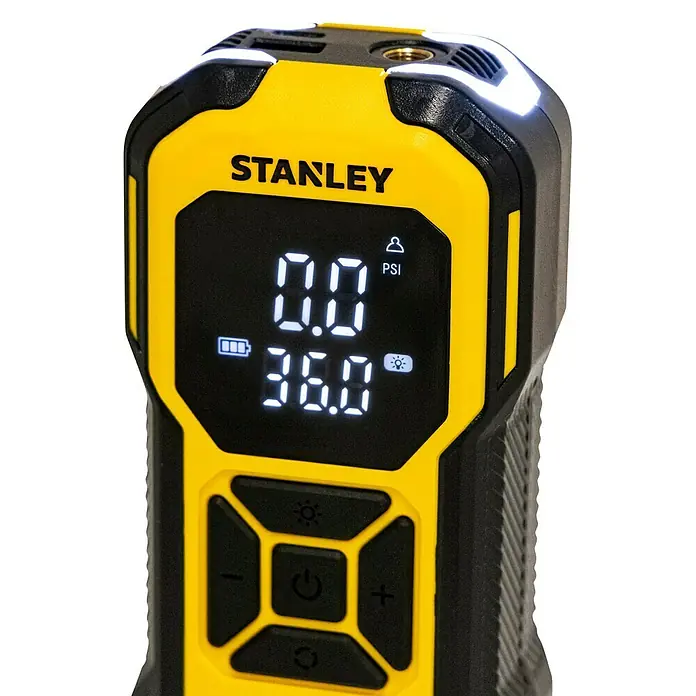 DeWalt Akku-Luftpumpe SXIF0101 - 11,1 V, 10 bar, Füllleistung: 14,2 l/min - Nahaufnahme einer gelb-schwarzen STANLEY Akku-Luftpumpe mit digitalem Display, das 0.0 PSI anzeigt. Ideal für unterwegs.
