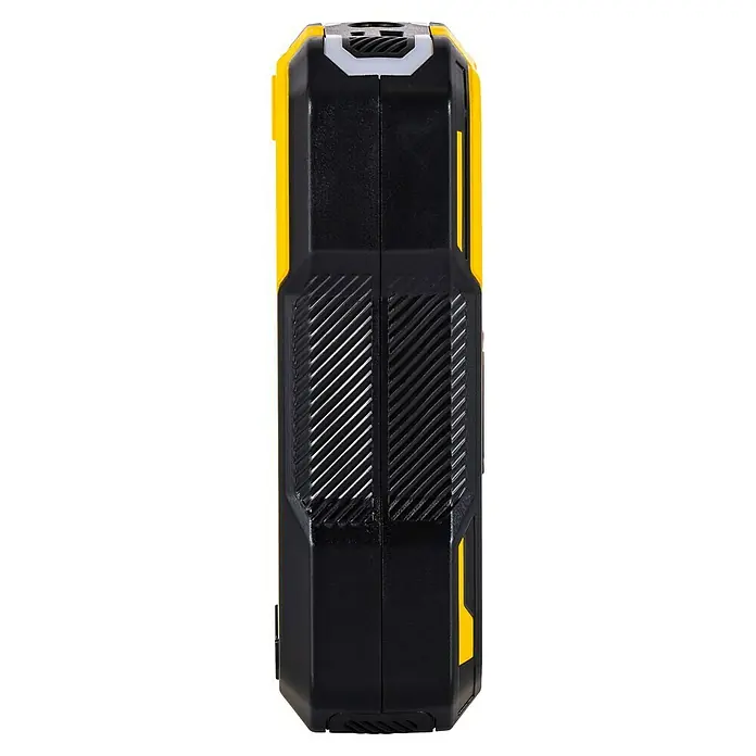 DeWalt Akku-Luftpumpe SXIF0101 - 11,1 V, 10 bar, Füllleistung: 14,2 l/min - Eine vertikale Aufnahme eines schwarzen und gelben Geräts mit Lüftungsschlitzen.
