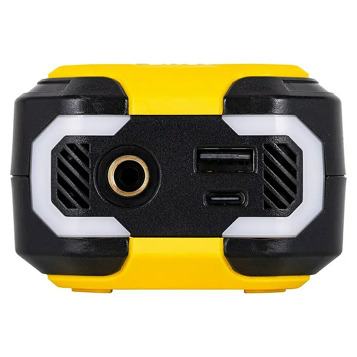 DeWalt Akku-Luftpumpe SXIF0101 - 11,1 V, 10 bar, Füllleistung: 14,2 l/min - Nahaufnahme einer gelb-schwarzen Powerbank mit mehreren Anschlüssen. Nützlich zum Aufladen verschiedener elektronischer Geräte unterwegs.