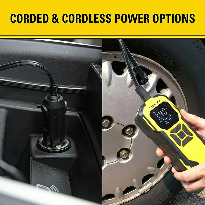 DeWalt Akku-Luftpumpe SXIF0101 - 11,1 V, 10 bar, Füllleistung: 14,2 l/min - Bild zeigt eine Kabel- und Akku-Luftpumpe von Stanley, die vielseitige Einsatzmöglichkeiten bietet.