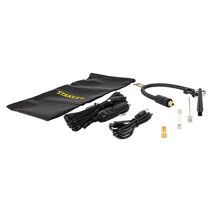 DeWalt Akku-Luftpumpe SXIF0101 - 11,1 V, 10 bar, Füllleistung: 14,2 l/min - Stanley Luftkompressor Zubehörset mit Tasche, Kabeln und Adaptern für vielseitige Anwendungen. Praktisches Set für unterwegs und zu Hause.