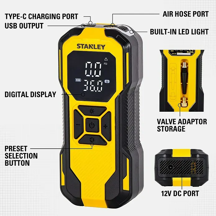 DeWalt Akku-Luftpumpe SXIF0101 - 11,1 V, 10 bar, Füllleistung: 14,2 l/min - Bild eines tragbaren Stanley-Luftkompressors mit digitaler Anzeige, USB-Anschluss und LED-Leuchte. Ideal zum Aufpumpen von Reifen unterwegs.