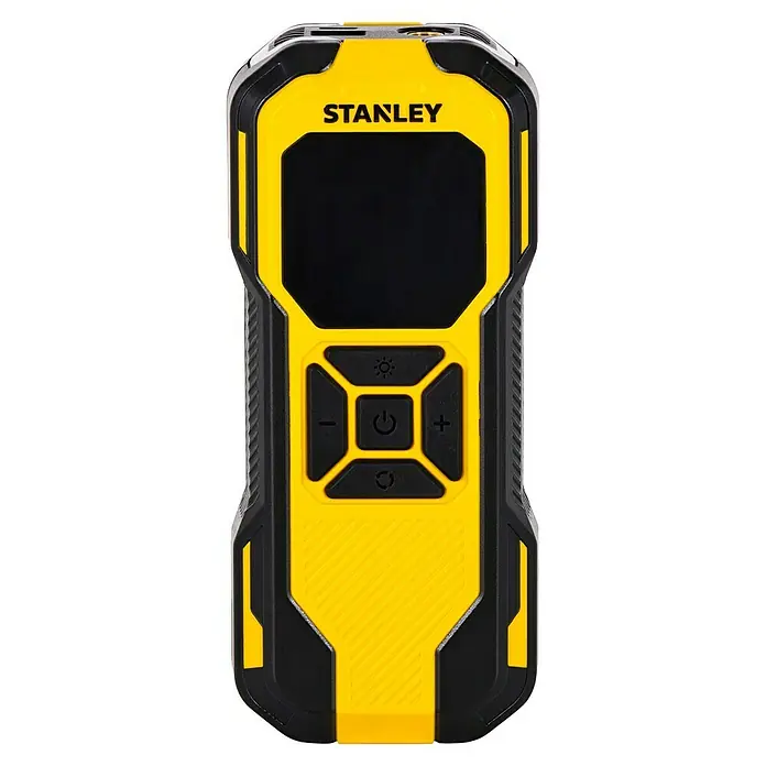 DeWalt Akku-Luftpumpe SXIF0101 - 11,1 V, 10 bar, Füllleistung: 14,2 l/min - Bild eines gelb-schwarzen Stanley-Ortungsgeräts. Es hat ein Display, Tasten und ein robustes Design für den Einsatz auf Baustellen.