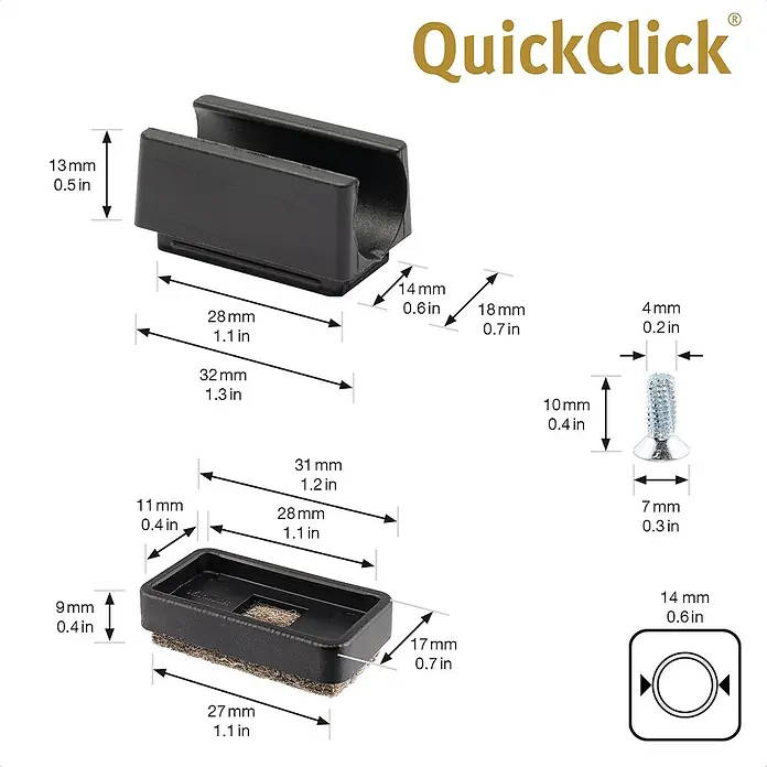 Wagner System Möbelgleiter-Set - L x B x H: 32 x 18 x 13 mm, Lochdurchmesser: 14 mm, Rechteck, 4 Stk. - Produktabbildung mit Abmessungen des QuickClick Möbelgleiters, Schraube und einer schematischen Darstellung zur Montage.