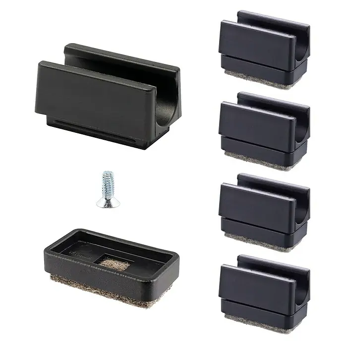 Wagner System Möbelgleiter-Set - L x B x H: 32 x 18 x 13 mm, Lochdurchmesser: 12 mm, Rechteck, 4 Stk. - Produktansicht von schwarzen Stuhlbeinkappen mit Filzgleitern und einer Schraube. Schützt Böden vor Kratzern und Beschädigungen.
