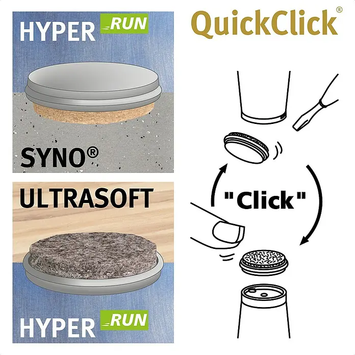 Wagner System Filzgleiter Duo Ultrasoft/Hyper - Durchmesser: 25 mm, 8 Stk., Weiß, Passend für: Wagner DUO ULTRASOFT/HYPER - Das Bild zeigt QuickClick-Möbelgleiter mit Hyper-Run- und Syno-Technologie für optimale Leistung und Ultrasoft-Variante für empfindliche Böden.