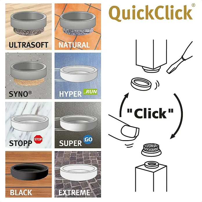 Wagner System Möbelgleiter-Set Ultrasoft Slim - Durchmesser: 17 mm, Rund, 8 Stk. - Das Bild zeigt eine Auswahl an QuickClick Gleitern in verschiedenen Ausführungen und eine Montageanleitung.