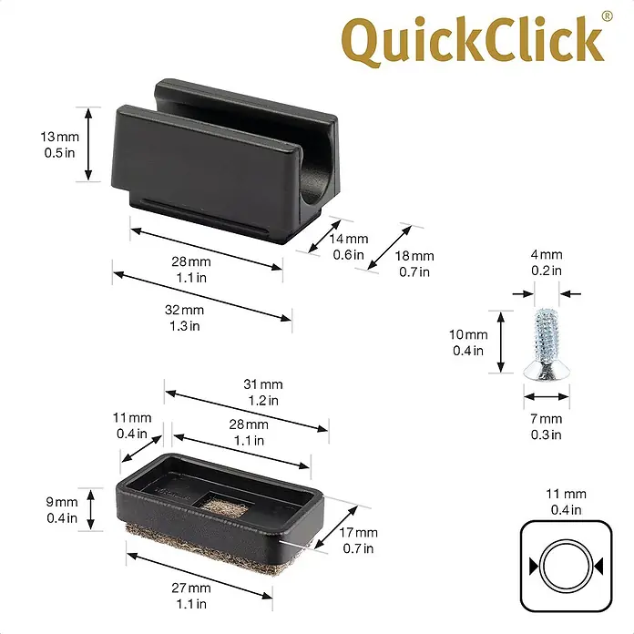 Wagner System Möbelgleiter-Set - L x B x H: 32 x 18 x 13 mm, Lochdurchmesser: 11 mm, Rechteck, 4 Stk. - Produktbild mit Maßen für QuickClick Möbelgleiter und Zubehör, inklusive Schraube und Montagehilfe.
