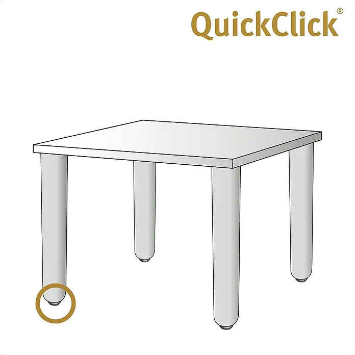 Wagner System Möbelgleiter-Set Ultrasoft Slim - Durchmesser: 40 mm, Rund, 8 Stk. - Illustration eines quadratischen Tisches mit dem Fokus auf einem QuickClick-Fuß, der mit einem goldenen Kreis hervorgehoben wird.