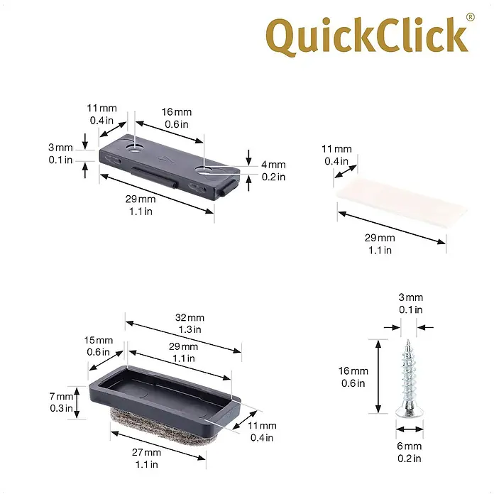 Wagner System Möbelgleiter-Set - L x B x H: 32 x 18 x 18 mm, Grau, 4 Stk. - Detailansicht der QuickClick-Möbelgleiterkomponenten mit Maßangaben für eine einfache Montage.