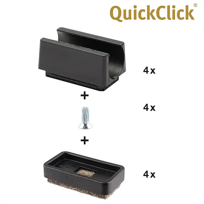 Wagner System Möbelgleiter-Set - L x B x H: 32 x 18 x 13 mm, Lochdurchmesser: 14 mm, Rechteck, 4 Stk. - QuickClick Möbelgleiter Set mit Gleitern, Schrauben und Filzgleitern für verschiedene Oberflächen, 12-teilig.