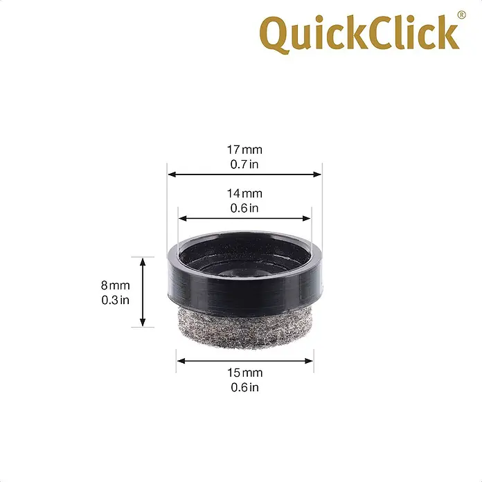 Wagner System Möbelgleiter-Set Ultrasoft Slim - Durchmesser: 17 mm, Rund, 8 Stk. - Detailaufnahme eines QuickClick Möbelgleiters mit Größenangaben in mm und Zoll.