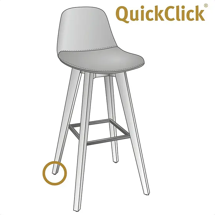 Wagner System Möbelgleiter-Set Ultrasoft Slim - Durchmesser: 25 mm, Rund, 8 Stk. - Abbildung eines QuickClick-Barhocker-Modells mit schlanken, hellen Holzbeinen und einer bequemen, konturierten Sitzfläche in neutralem Grau.