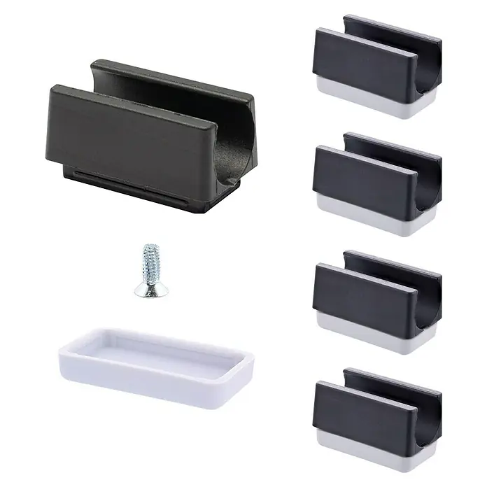 Wagner System Möbelgleiter-Set - L x B: 32 x 18 mm, Lochdurchmesser: 14 mm, Rechteck, 4 Stk. - Produktbild von schwarzen Rohrhalterungen, einer Schraube und einer weißen Abdeckung. Das Zubehör ist für die Installation oder Reparatur vorgesehen.