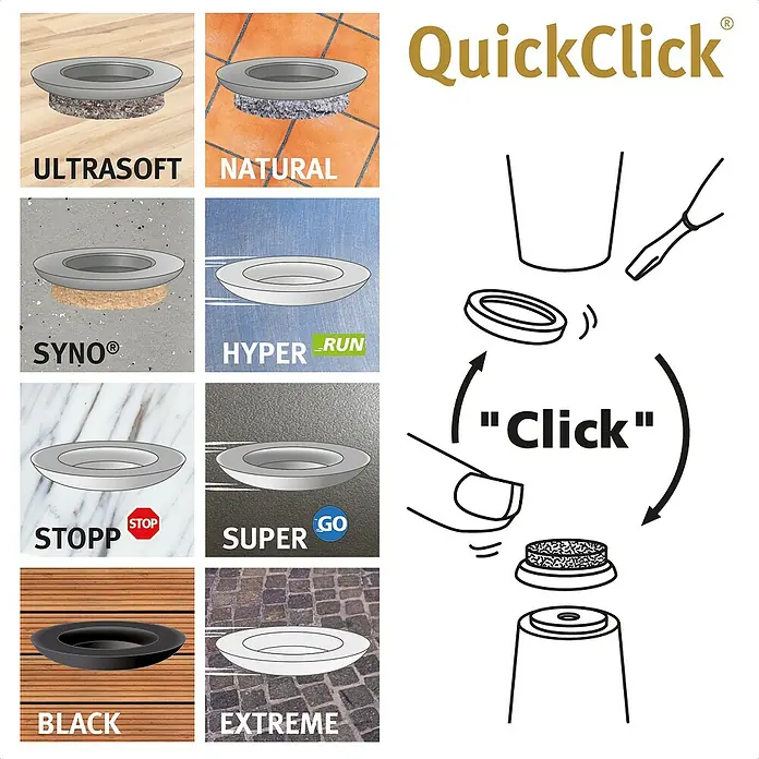 Wagner System Möbelgleiter-Set Ultrasoft Slim - Durchmesser: 30 mm, Rund, 8 Stk. - Produktbild von QuickClick Gleitern in verschiedenen Ausführungen, von Ultrasoft bis Extreme, mit Montageanleitung.