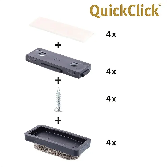 Wagner System Möbelgleiter-Set - L x B x H: 32 x 18 x 18 mm, Grau, 4 Stk. - QuickClick Möbelgleiter Set mit Filzgleitern, Befestigungsschrauben und Klebepads für einfache Montage und Schutz Ihrer Böden.