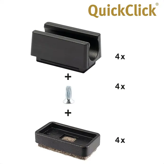 Wagner System Möbelgleiter-Set - L x B x H: 32 x 18 x 13 mm, Lochdurchmesser: 11 mm, Rechteck, 4 Stk. - Produktabbildung von QuickClick Möbelgleitern, bestehend aus Gleiter, Schraube und Filzgleiter. 4er Set für einfachen Möbeltransport.