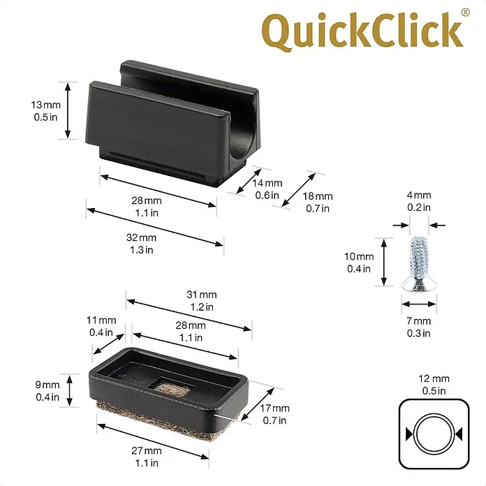 Wagner System Möbelgleiter-Set - L x B x H: 32 x 18 x 13 mm, Lochdurchmesser: 12 mm, Rechteck, 4 Stk. - Produktbild von QuickClick Möbelgleiter-Set mit Maßen.