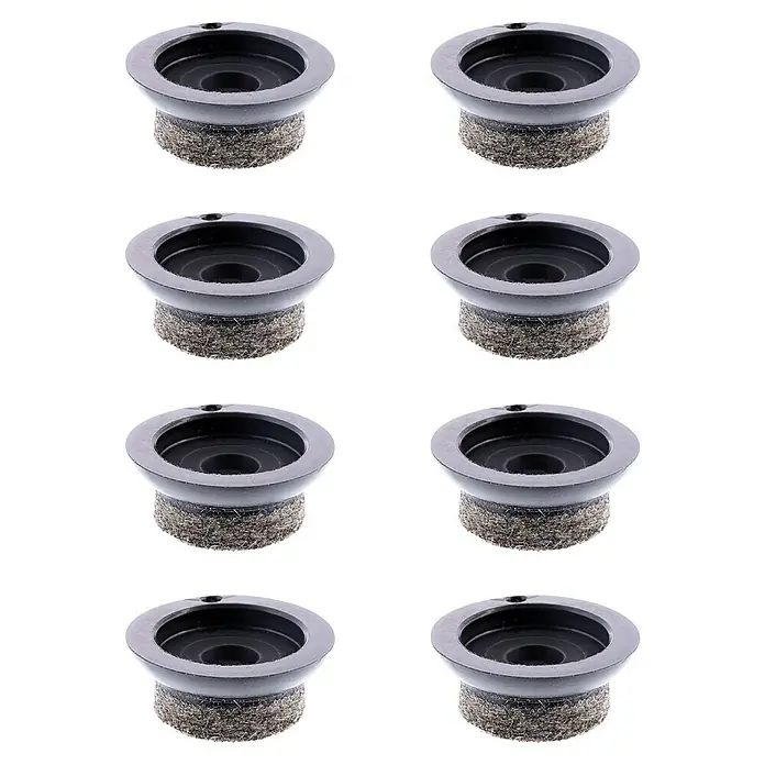 Wagner System Möbelgleiter-Set Ultrasoft Slim - Durchmesser: 20 mm, Rund, 8 Stk. - Nahaufnahme von acht Möbelgleitern mit dunklem Kunststoffgehäuse und Filzgleitfläche, angeordnet in einem Raster.