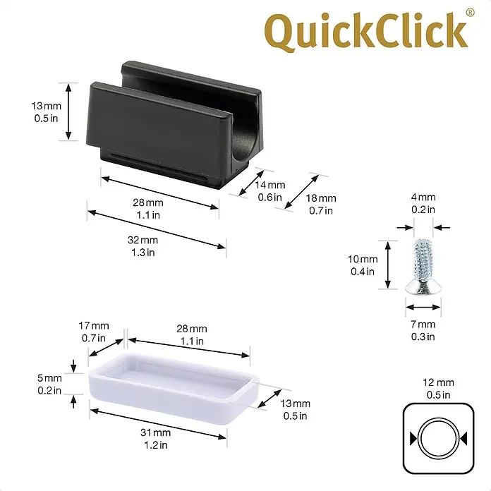 Wagner System Möbelgleiter-Set - L x B: 31 x 18 mm, Lochdurchmesser: 12 mm, Rechteck, 4 Stk. - Produktabbildung mit Maßangaben, um die Größe und Details des QuickClick-Zubehörs zu zeigen.