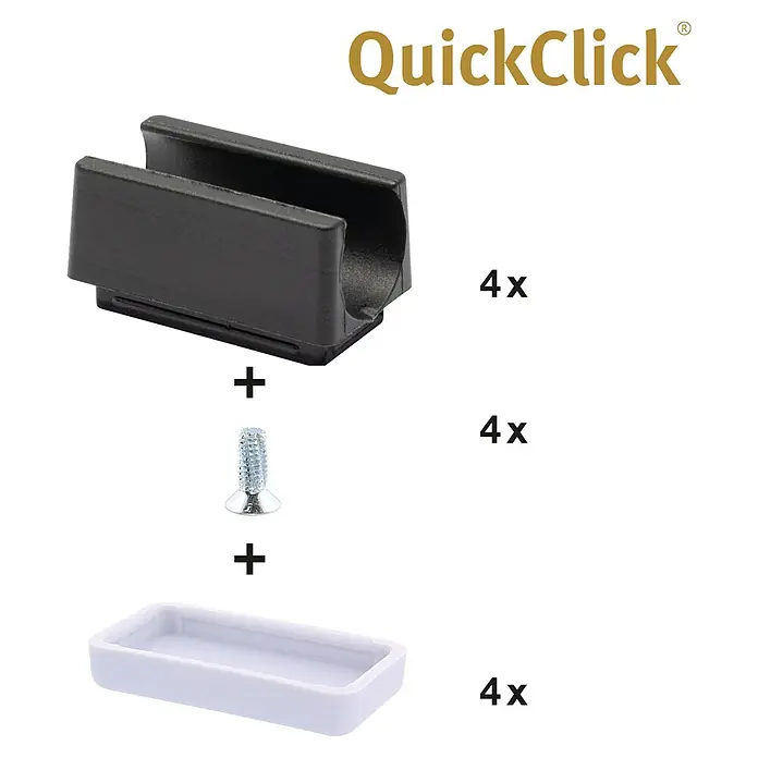 Wagner System Möbelgleiter-Set - L x B: 32 x 18 mm, Lochdurchmesser: 14 mm, Rechteck, 4 Stk. - QuickClick-Montagesatz: Dieses Set enthält eine schwarze Halterung, Schrauben und eine weiße Basis, jeweils vier Stück, für eine schnelle und einfache Installation.