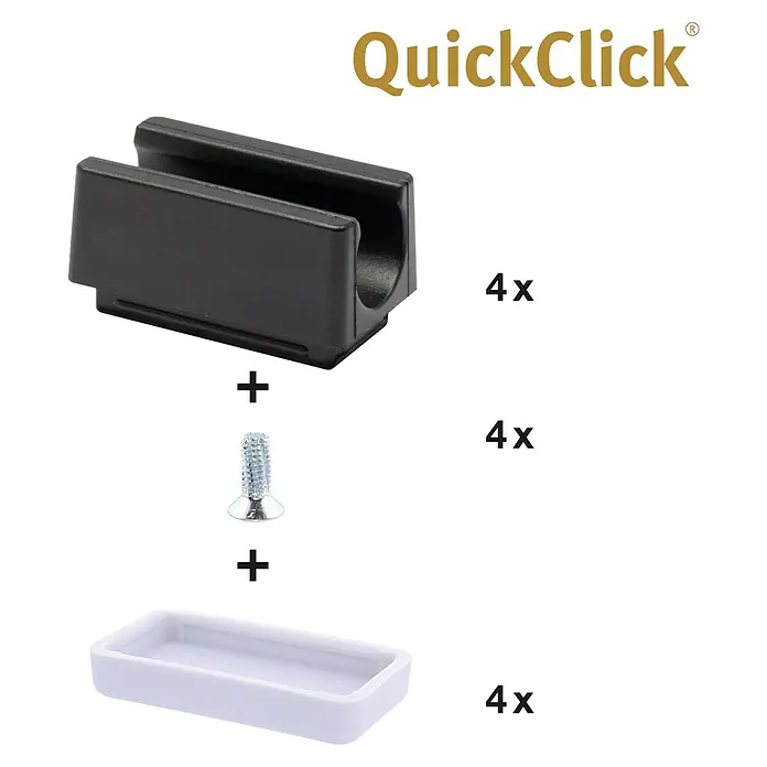 Wagner System Möbelgleiter-Set - L x B: 32 x 18 mm, Lochdurchmesser: 11 mm, Rechteck, 4 Stk. - Produktabbildung eines QuickClick-Zubehörsets mit schwarzer Halterung, Schraube und weißer Abdeckung, jeweils in vierfacher Ausführung.