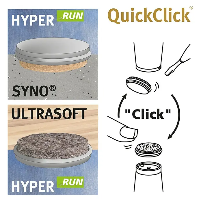 Wagner System Filzgleiter Duo Ultrasoft/Hyper - Durchmesser: 30 mm, 8 Stk., Weiß, Passend für: Wagner DUO ULTRASOFT/HYPER - Produktbild von QuickClick Hyper-Run Möbelgleitern mit Syno und Ultrasoft Technologie für verschiedene Bodenbeläge.