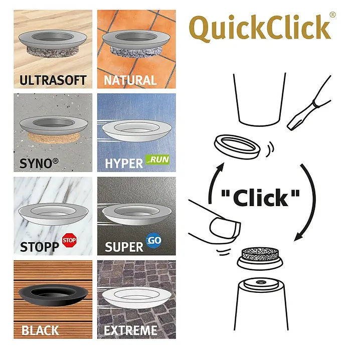Wagner System Möbelgleiter-Set Ultrasoft Slim - Durchmesser: 40 mm, Rund, 8 Stk. - QuickClick Möbelgleiter mit verschiedenen Oberflächen für unterschiedliche Bodenbeläge.