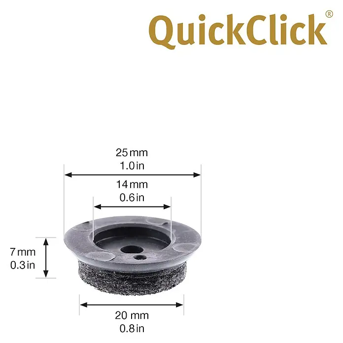 Wagner System Möbelgleiter-Set Ultrasoft Slim - Durchmesser: 25 mm, Rund, 8 Stk. - Nahaufnahme einer QuickClick-Möbelgleiters mit Größenangaben. Ideal zum Schutz Ihrer Böden vor Kratzern.