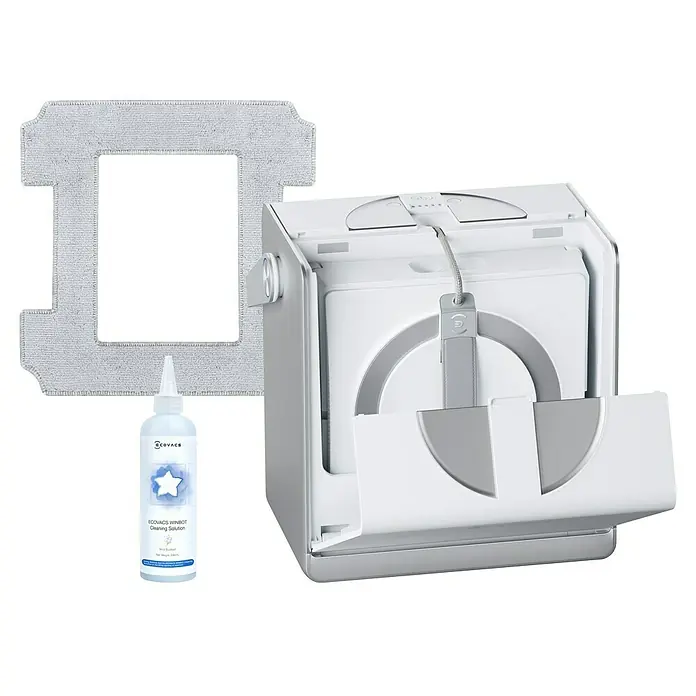 Ecovacs Fensterreinigungsroboter Winbot W2 Pro Omni SET - Tankvolumen: 60 ml, Akkulaufzeit: 110 min, Inkl. 230 ml Ecovacs Winbot Cleaning Solution - Ein Ecovacs Winbot Fensterputzroboter mit Reinigungsflüssigkeit und Reinigungspad für streifenfreie Sauberkeit.