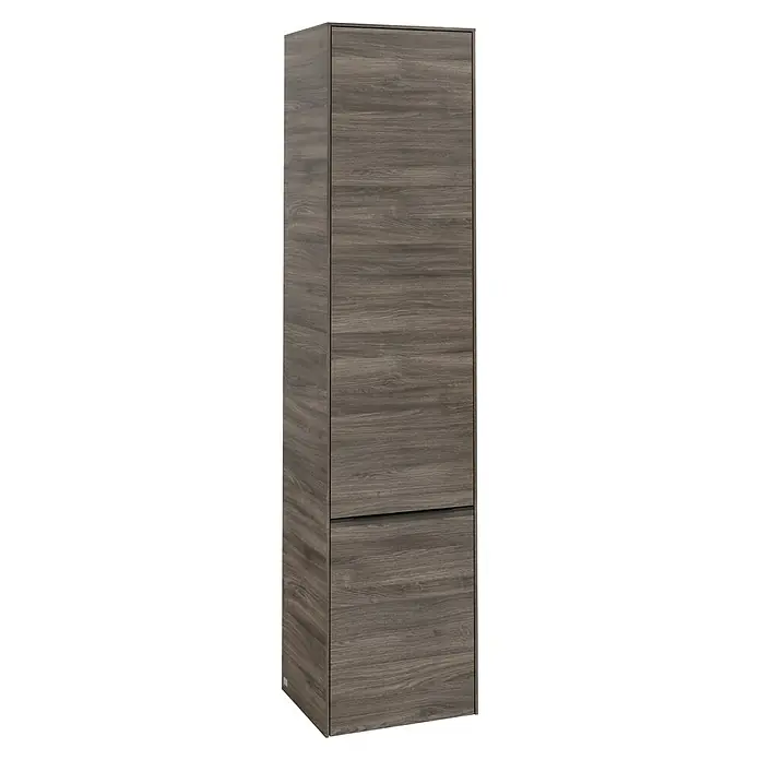 Villeroy & Boch Subway 3.0 Hochschrank - B x T x H: 40 x 36,2 x 171 cm, 2x Tür, Stone Oak, Farbe Griff: Volcano black, DIN Anschlag: Links - Ein schmaler, hoher Holzschrank mit einer Schublade im unteren Bereich. Das Holz hat eine markante, horizontale Maserung in Graubraun.