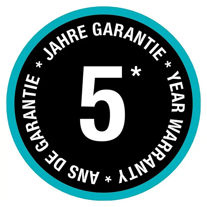 Gardena Viereckregner Aquazoom S - Max. Regnerfläche: 9 m² - 150 m² - Abbildung eines schwarzen Siegels mit der Aufschrift „5 Jahre Garantie“ in Weiß und einer türkisfarbenen Umrandung.