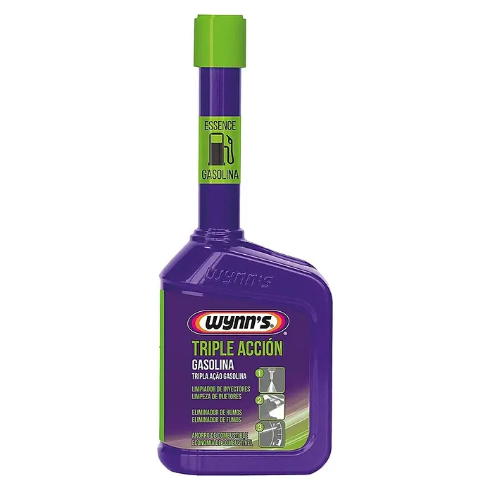 Wynn's Aditivo para gasolina Triple Acción - 325 ml - Imagen de una botella de Wynn's Triple Acción Gasolina, un aditivo de combustible diseñado para limpiar inyectores, reducir el humo y ahorrar combustible.