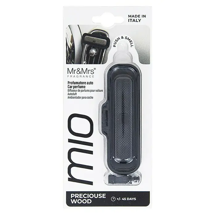 Mr & Mrs Fragrance Ambientador de coche Mío - Preciouse Wood, Negro, 45 días - Imagen de un ambientador de coche Mr&Mrs Mio "Preciouse Wood" con un difusor que dura hasta +/- 45 días.