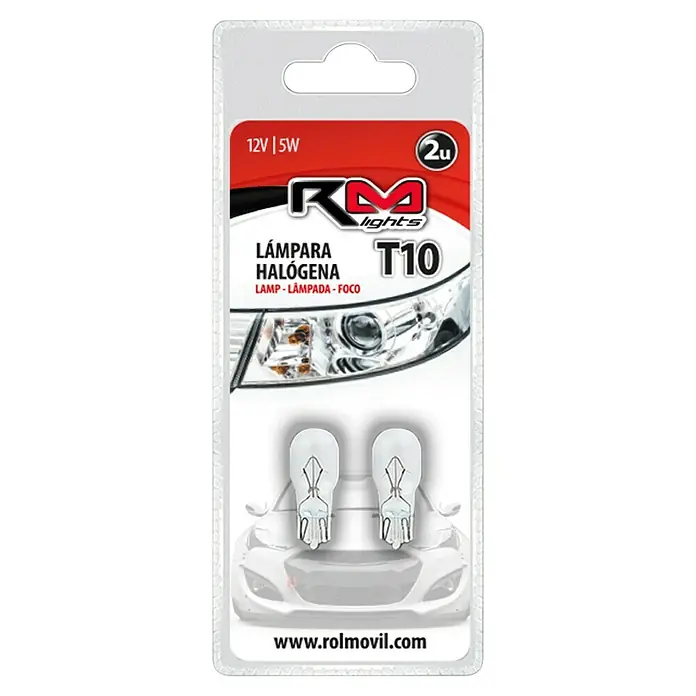 Rolmovil Lights Bombilla para faro delantero - 12 V, 2 ud., Transparente, 4 W - Imagen de un paquete con dos bombillas halógenas T10 (12V/5W) de RM Lights. Ideal para iluminación de vehículos.