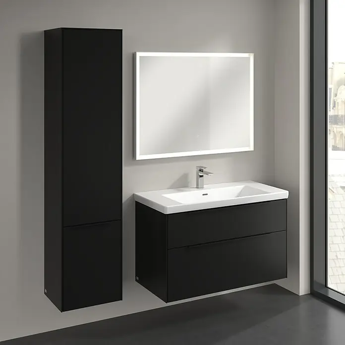 Villeroy & Boch Subway 3.0 Hochschrank - B x T x H: 40 x 36,2 x 171 cm, 2x Tür, Volcano Black, Farbe Griff: Volcano black, DIN Anschlag: Links - Badezimmer-Set mit schwarzem Waschtischunterschrank, Spiegelschrank und Hochschrank für ein modernes Ambiente im Bad.