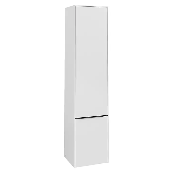 Villeroy & Boch Subway 3.0 Hochschrank - B x T x H: 40 x 36,2 x 171 cm, 2x Tür, Pure White, Farbe Griff: Volcano black, DIN Anschlag: Links - Ein schlanker, weißer Schuhschrank mit zwei Fächern und einem minimalistischen Design. Perfekt für moderne Flure und Eingangsbereiche.