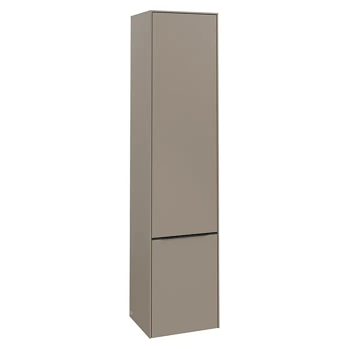 Villeroy & Boch Subway 3.0 Hochschrank - B x T x H: 40 x 36,2 x 171 cm, 2x Tür, Taupe, Farbe Griff: Volcano black, DIN Anschlag: Links - Ein hoher, schmaler Küchenschrank in Taupe mit zwei Schubladen bietet Stauraum und ein elegantes Design für moderne Küchen.