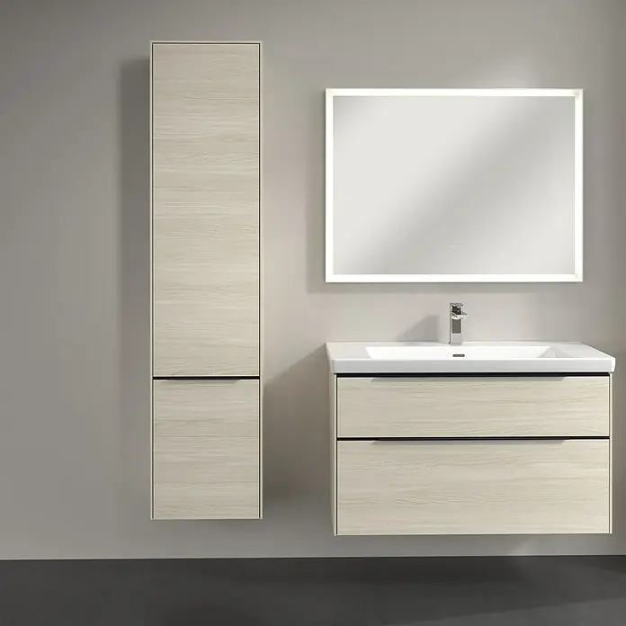Villeroy & Boch Subway 3.0 Hochschrank - B x T x H: 40 x 36,2 x 171 cm, 2x Tür, White Oak, Farbe Griff: Volcano black, DIN Anschlag: Links - Modernes Badezimmer-Set mit Waschtischunterschrank in Holzoptik, beleuchtetem Spiegel und einem passenden Hochschrank, für ein stilvolles Ambiente.