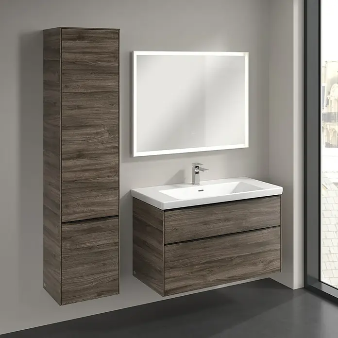 Villeroy & Boch Subway 3.0 Hochschrank - B x T x H: 40 x 36,2 x 171 cm, 2x Tür, Stone Oak, Farbe Griff: Volcano black, DIN Anschlag: Links - Modernes Badezimmer-Set mit Waschtischunterschrank, Waschbecken und Spiegelschrank, Holzoptik. Ideal für stilvolle Badezimmergestaltung.
