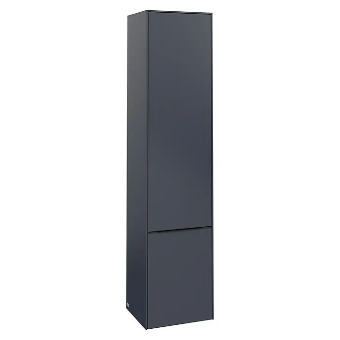 Villeroy & Boch Subway 3.0 Hochschrank - B x T x H: 40 x 36,2 x 171 cm, 2x Tür, Marine Blue, Farbe Griff: Volcano black, DIN Anschlag: Links - Ein schlanker, moderner grauer Badezimmerschrank mit zwei Fächern, ideal für die Aufbewahrung und Organisation von Badartikeln.