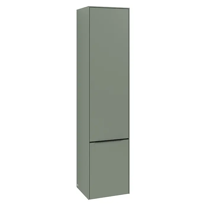 Villeroy & Boch Subway 3.0 Hochschrank - B x T x H: 40 x 36,2 x 171 cm, 2x Tür, Soft Green, Farbe Griff: Volcano black, DIN Anschlag: Links - Eine Nahaufnahme eines grünen Schranks mit zwei Türen und einem schlanken, schwarzen Griff, der ein modernes Design und funktionale Aufbewahrungslösungen bietet.