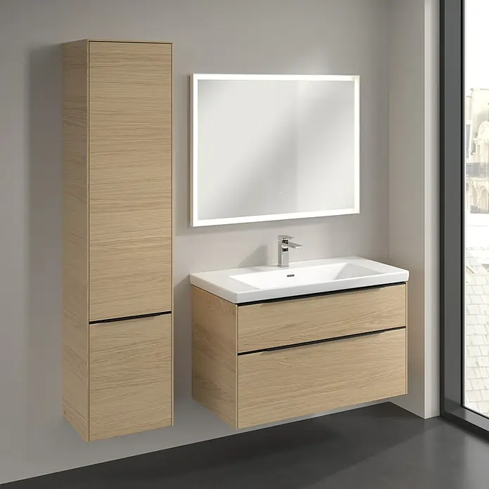 Villeroy & Boch Subway 3.0 Hochschrank - B x T x H: 40 x 36,2 x 171 cm, 2x Tür, Nordik oak, Farbe Griff: Volcano black, DIN Anschlag: Links - Modernes Badezimmer-Set mit Waschtischunterschrank, Waschbecken und Spiegelschrank mit LED-Beleuchtung.