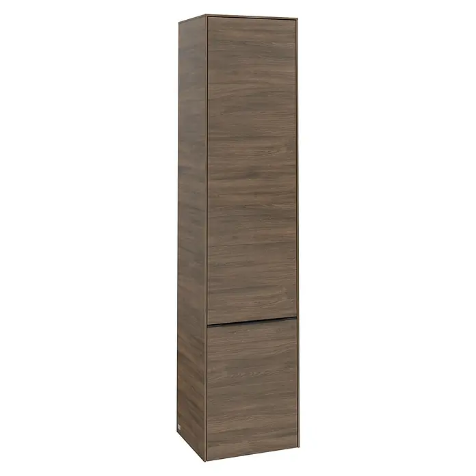 Villeroy & Boch Subway 3.0 Hochschrank - B x T x H: 40 x 36,2 x 171 cm, 2x Tür, Arizona Oak, Farbe Griff: Volcano black, DIN Anschlag: Links - Aufnahme eines hohen, schlanken Schranks mit Holzmaserung und einer Schublade im unteren Bereich, ideal zur Aufbewahrung.