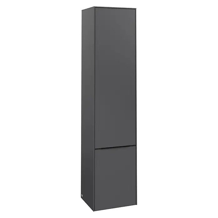 Villeroy & Boch Subway 3.0 Hochschrank - B x T x H: 40 x 36,2 x 171 cm, 2x Tür, Graphite, Farbe Griff: Volcano black, DIN Anschlag: Links - Grauer Badezimmerschrank in schlankem Design mit zwei Fächern, ideal für moderne Badezimmer und bietet Stauraum.